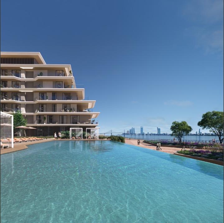 Bashayer waterfront infinity pool render overlooking the water