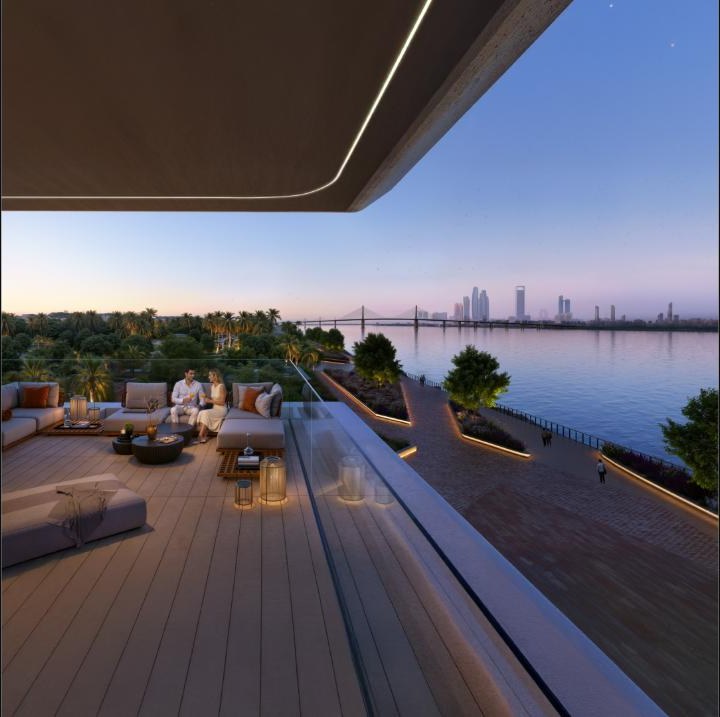 Bashayer rooftop terrace render at dusk with skyline view