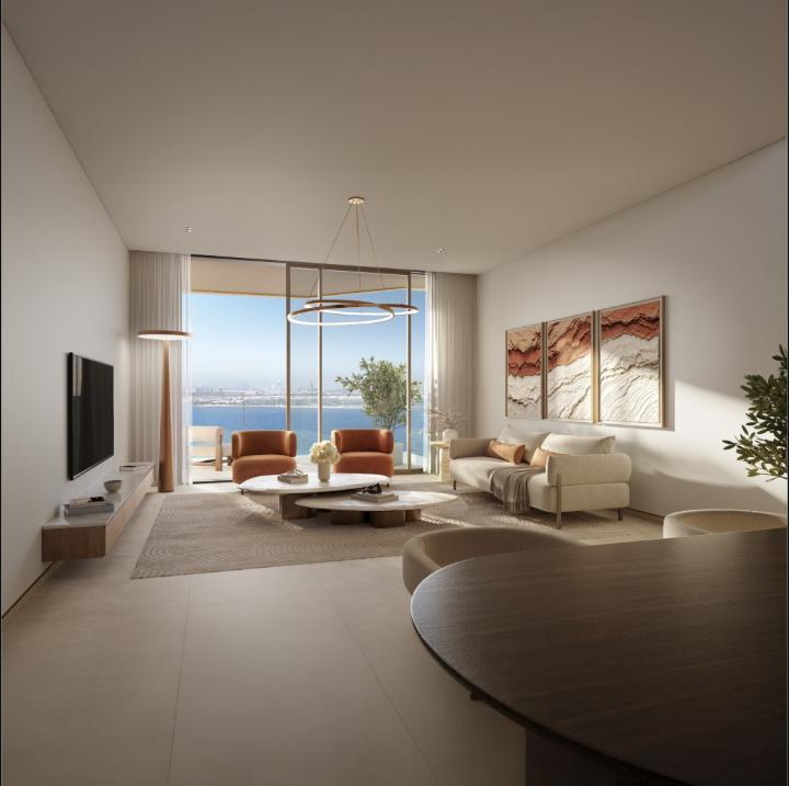 Bashayer apartment living room interior render with water view