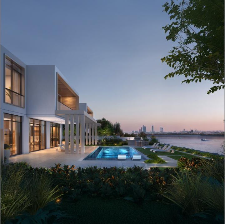 Bashayer villa living room interior render with water view