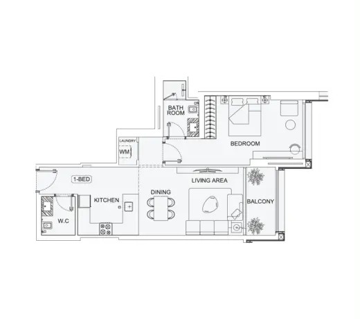 Binghatti Starfall indicative one-bedroom floor plan: separate bedroom, living and dining area, kitchen and balcony