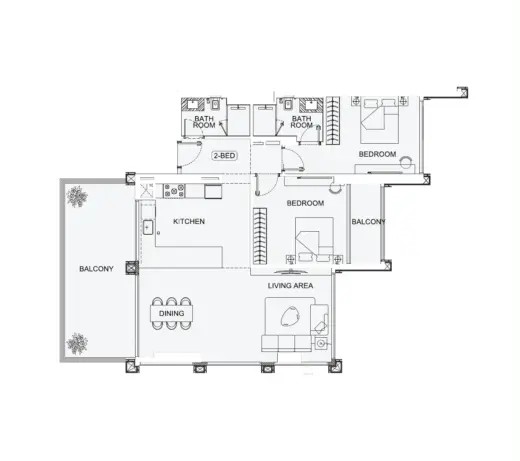 Binghatti Starfall indicative two-bedroom floor plan: two bedrooms with en-suite bathrooms, living and dining area, kitchen and two balconies