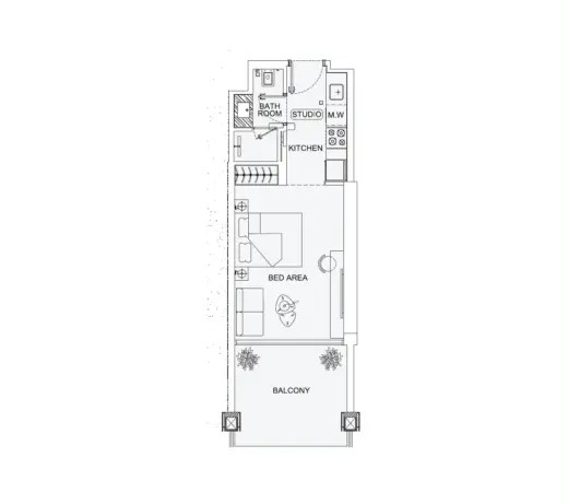 Binghatti Starfall indicative studio floor plan: bedroom area, kitchen, bathroom and balcony