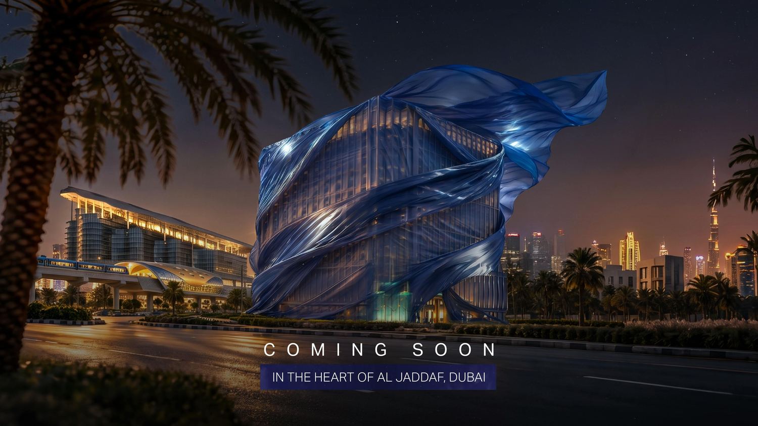 Binghatti's 'Coming Soon' teaser for Starfall: a fabric-wrapped building concept beside Al Jaddaf metro station, with the Downtown Dubai skyline behind