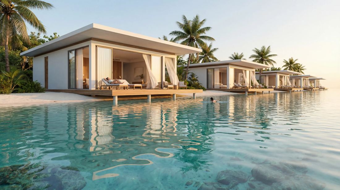 Official Eagle Hills render of an overwater villa concept with a private sun deck, at Maldives Waterfront & Marina