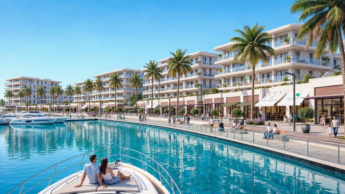 Official Eagle Hills render of the marina promenade at Maldives Waterfront & Marina, showing moored yachts, waterfront retail units and residences above