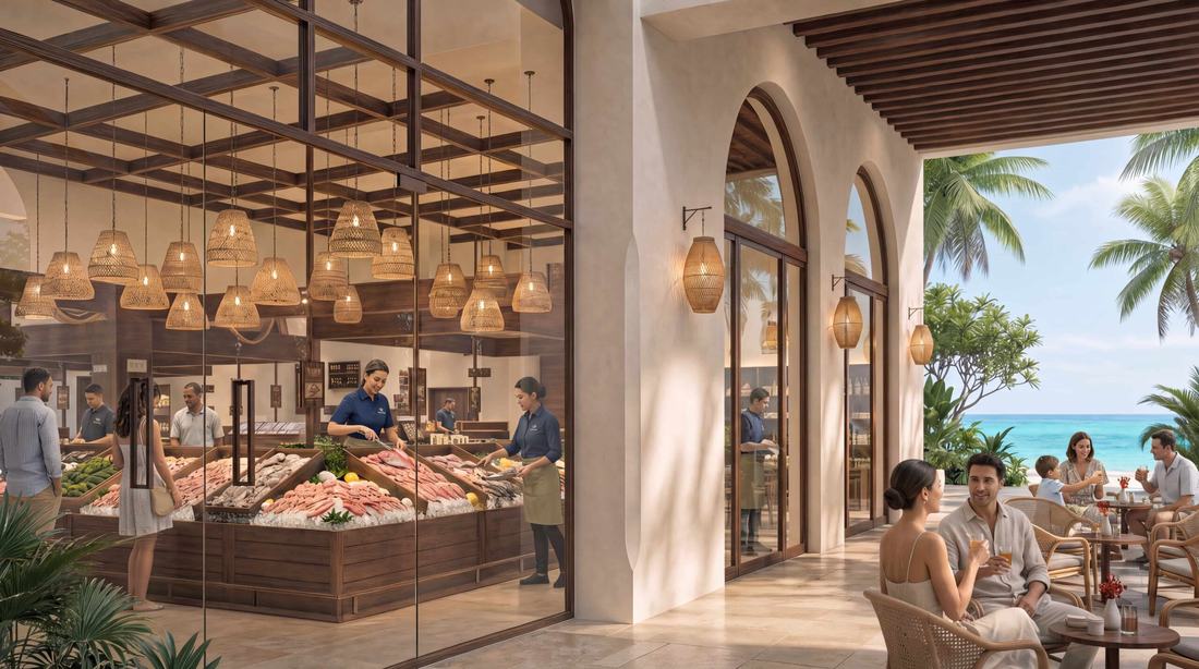 Official Eagle Hills render of a covered retail and dining arcade with a fish market counter, opening onto a beachfront terrace
