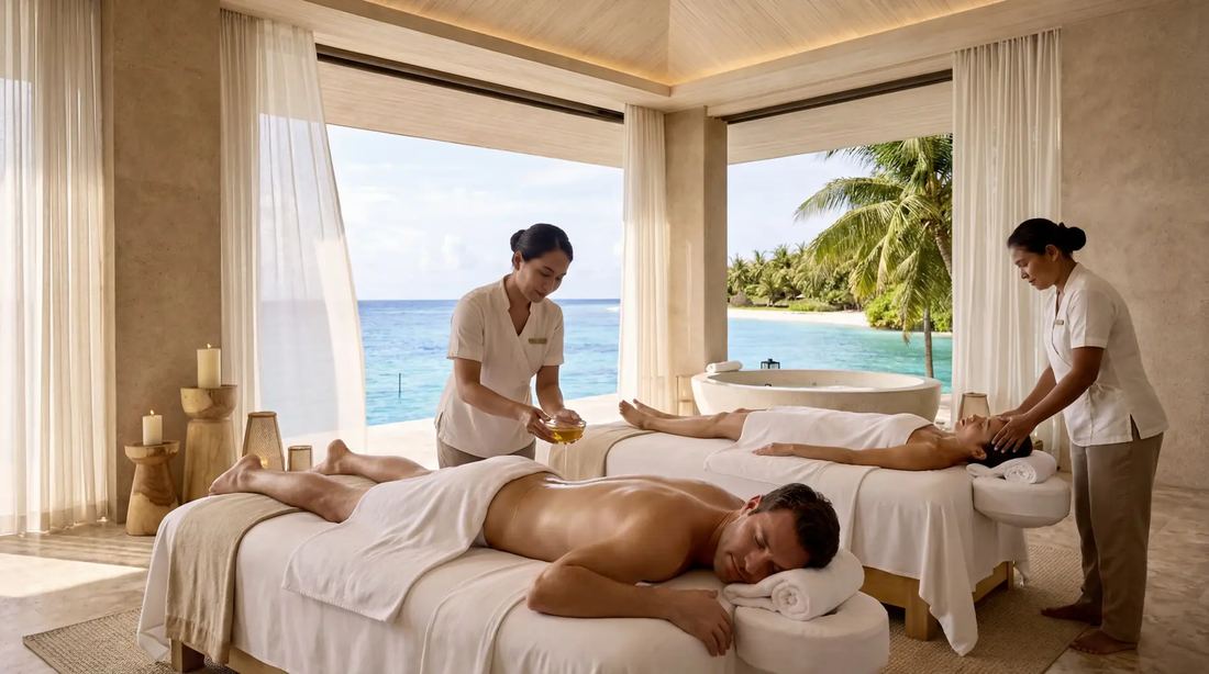 Official Eagle Hills render of an open-air spa cabana with two guests receiving treatments, overlooking the sea