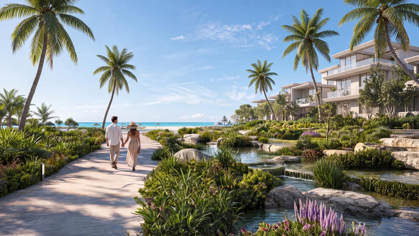 Official Eagle Hills render of a landscaped garden walkway leading toward the beach at Maldives Waterfront & Marina, with low-rise residences among palm trees