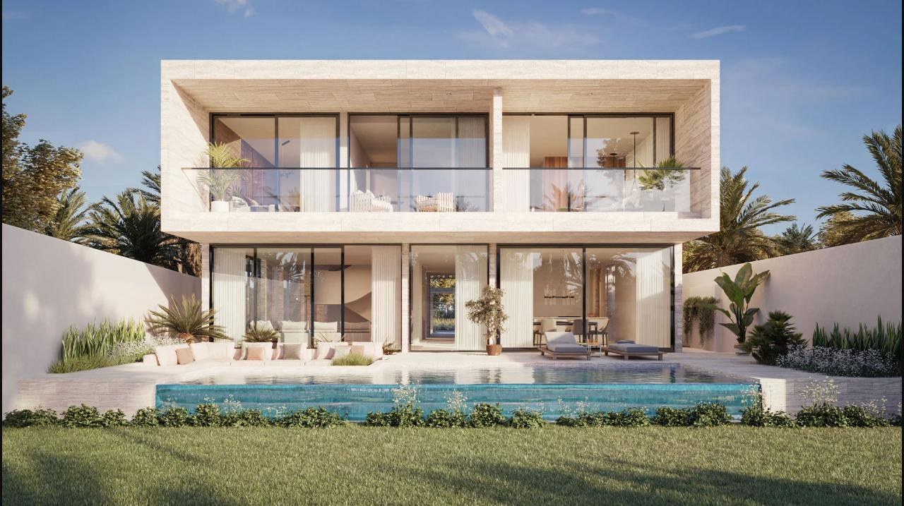Nawayef East Hill villa exterior render with pool, Hudayriyat Island