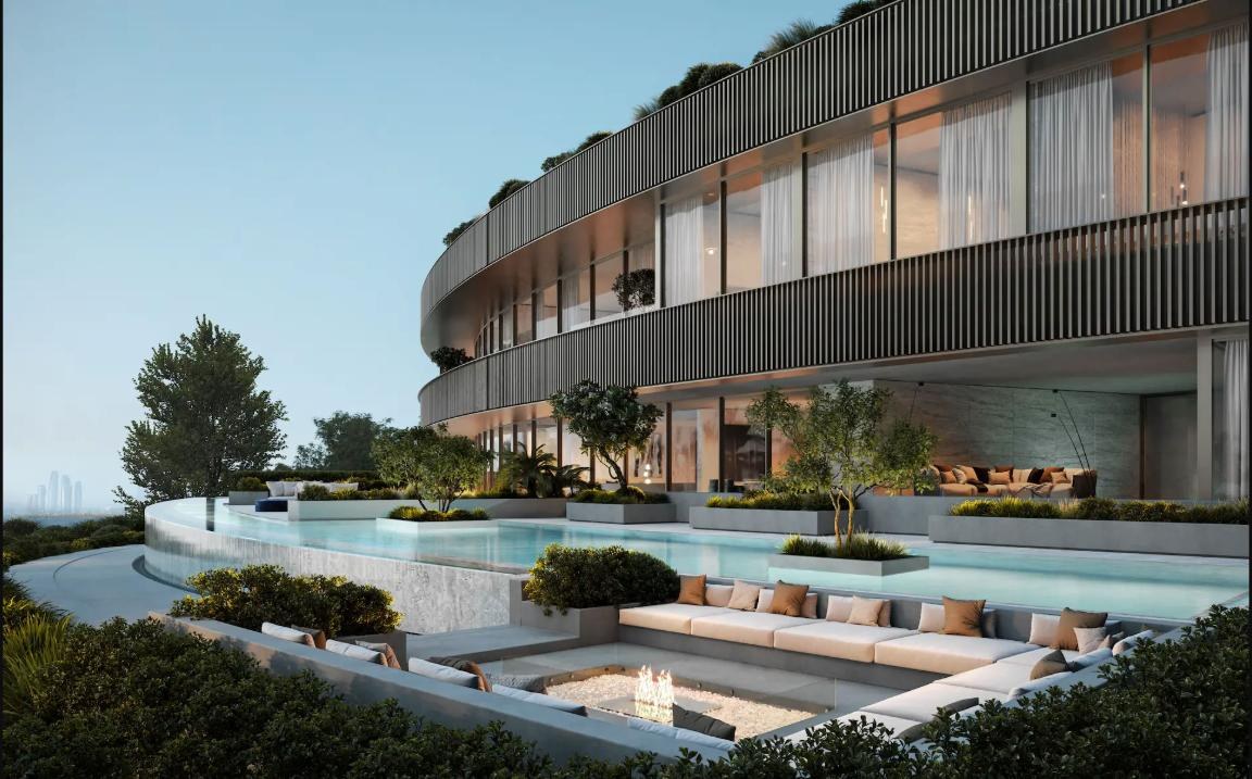 Nawayef West B villa exterior render with infinity pool, Hudayriyat Island