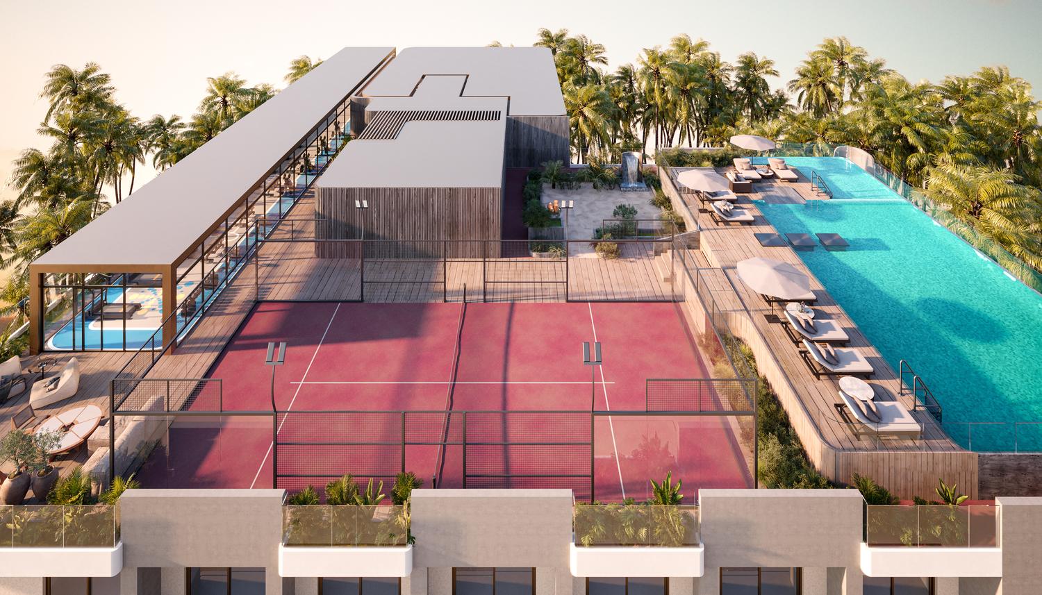 Aerial render of the Stories by Mirfa rooftop: red padel court, gym pavilion and infinity pool with sun loungers