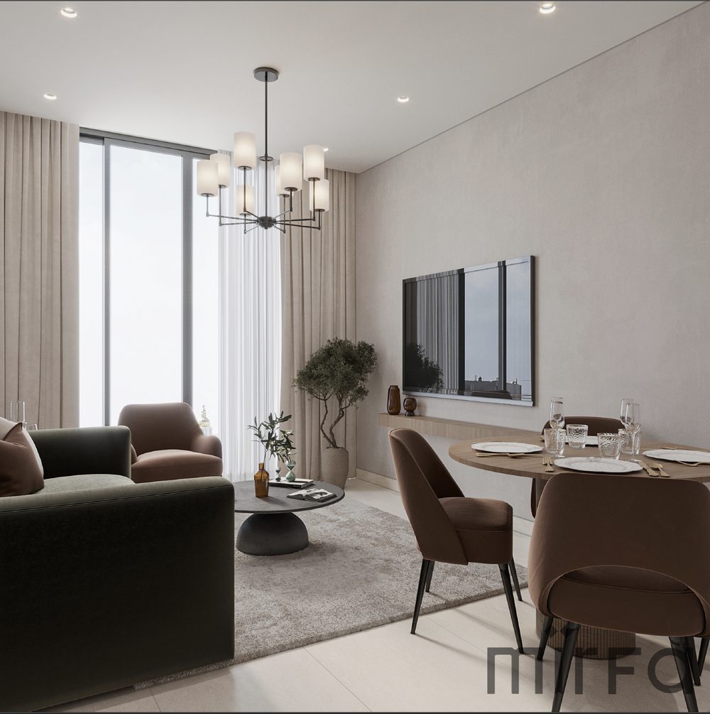 Stories by Mirfa apartment living and dining area render with floor-to-ceiling window